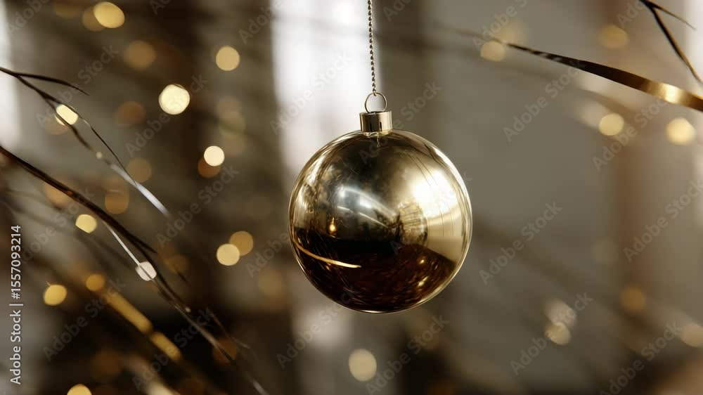 Poster close-up of shiny golden christmas ball on blurred background with bokeh lights. festive mood. elega