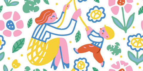 Playful Moments: A mother and child share a joyful moment in a whimsical illustration. The image depicts a vibrant scene of a mother and child playing happily together.