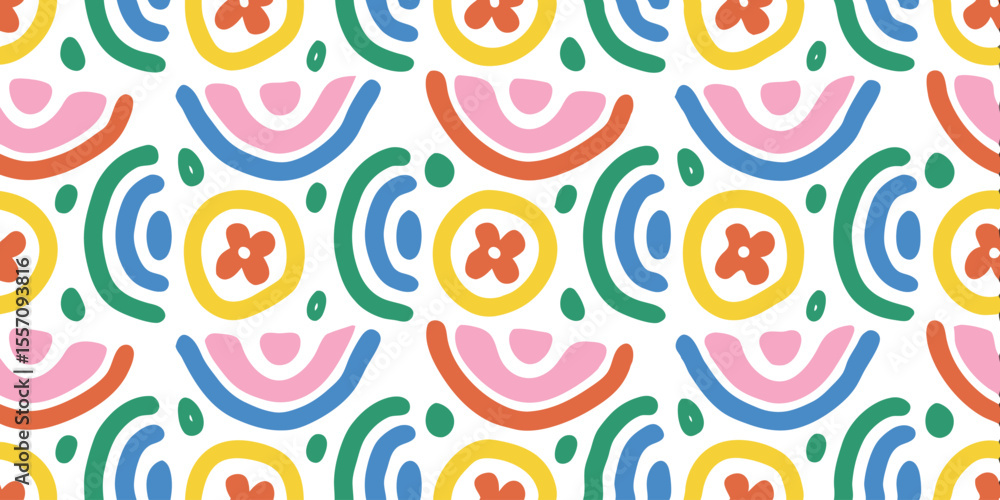 Poster colorful organic pattern: a vibrant repeating pattern composed of playful, hand-drawn shapes, includ
