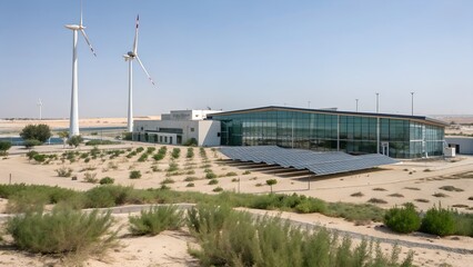New-age tech campus in arid climate with wind turbines, solar glass, and minimal water usage