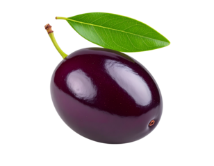 Single Fresh Jamun Fruit with Leaf, Isolated on Transparent Background PNG