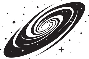 Black silhouette of a spiral galaxy icon in minimal flat vector style, cosmic swirl design representing space, universe, and astronomy, isolated PNG graphic on white background

