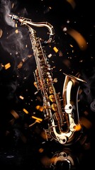 Obraz premium Golden saxophone with smoke and confetti against a dark background