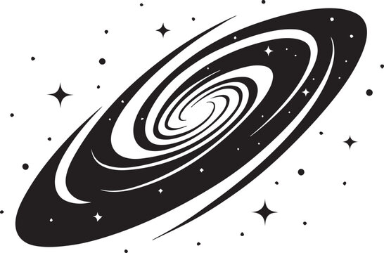 Black silhouette of a spiral galaxy icon in minimal flat vector style, cosmic swirl design representing space, universe, and astronomy, isolated PNG graphic on white background

