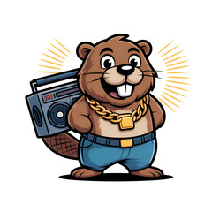 Happy Cartoon Beaver with Boombox