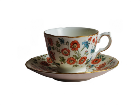 Floral teacup and saucer set with gold trim on a dark background view