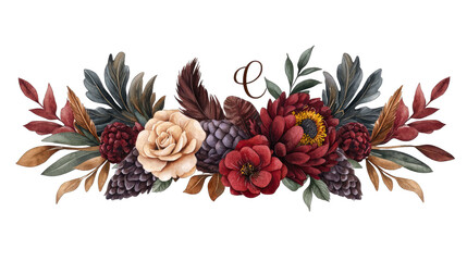 Autumnal arrangement with roses, pinecones, and foliage on a black background