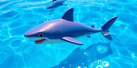 Naklejka premium Vibrant toy shark floats on shimmering blue water, photography, blue