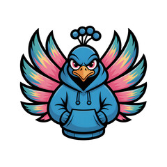 Bird Mascot with Rainbow Feathers and Hoodie