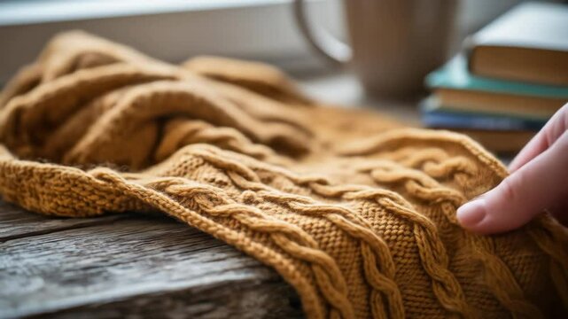 Closeup of a warm knitted fabric on rustic wooden surface for textile design or fashion photography
