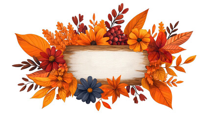 Autumnal frame of various leaves, flowers, and berries on a wooden texture