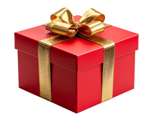 Obraz premium Red Christmas Gift Box with Gold Ribbon and Bow, Isolated on Transparent PNG
