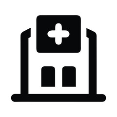 Obraz premium Simple Black Silhouette of a Hospital Building with Windows and a Cross Symbol on Top Providing Healthcare and Emergency Services