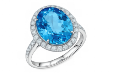 Silver ring showing large oval blue topaz surrounded by small diamonds on transparent background