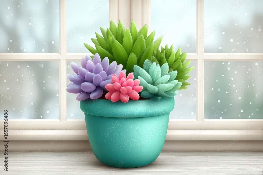 Poster succulent plants elegantly arranged in a teal pot on a windowsill creating a serene atmosphere with 
