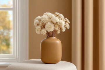 Elegant dry flower arrangement in earthy pottery vase reflecting minimalist design aesthetics and capturing serene ambiance ideal for contemporary home decor balance