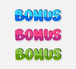 three bonus text stickers in different colors set on a white background