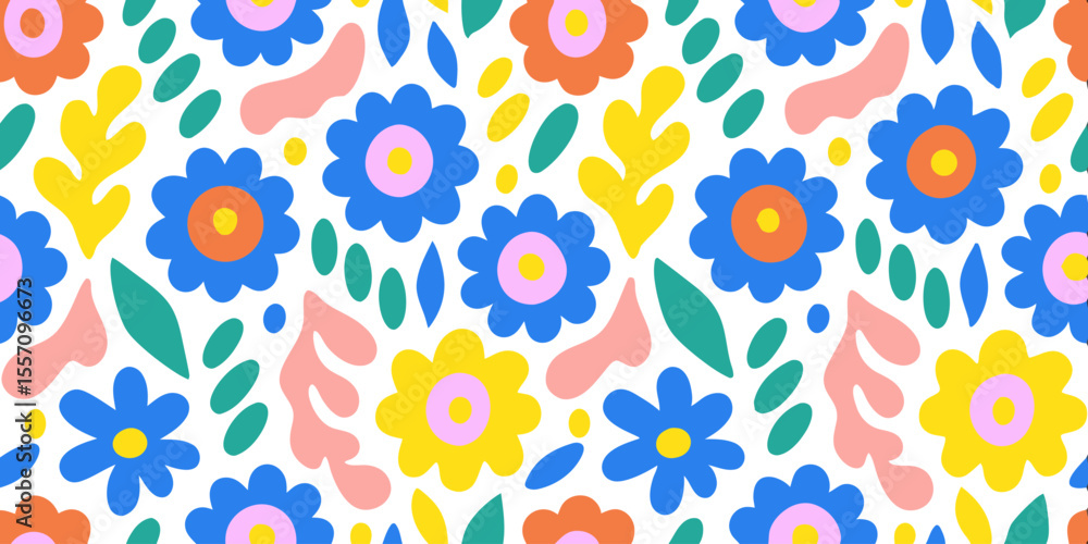 Poster floral flourish: a vibrant and cheerful seamless pattern design, bursting with colorful flower. a bu