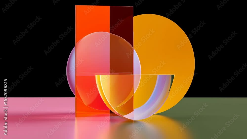 Poster abstract geometric shapes composed of colorful glass elements, including circular and rectangular fo