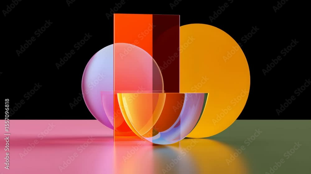Poster abstract composition featuring colorful geometric shapes including spheres, rectangles, and circles 