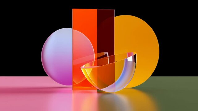 Abstract geometric shapes in vibrant colors, including transparent spheres and solid forms, arranged artistically on a smooth surface, creating a visually striking composition with modern aesthetic ap