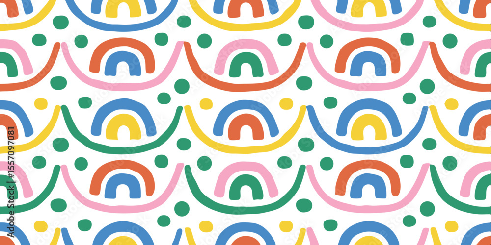 Poster playful rainbow pattern: a vibrant and cheerful repeating pattern of colorful rainbows and dots, per