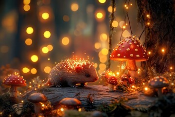 Enchanted forest scene featuring a hedgehog surrounded by glowing mushrooms and lights