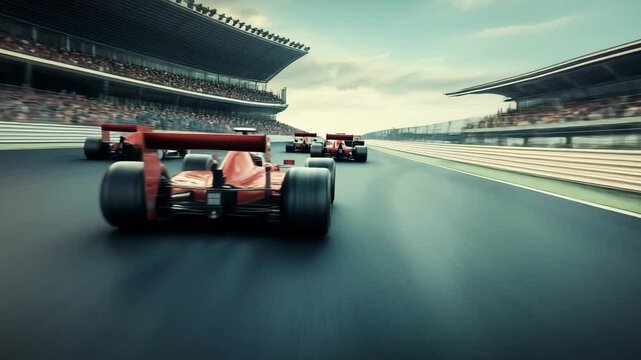 Intense racing occurs on a track with multiple cars in close competition as the sun sets, creating a dynamic and thrilling atmosphere
