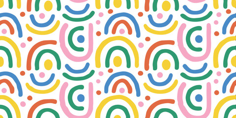 Fototapeta premium Rainbows of Joy: A vibrant pattern of stylized rainbow arches, each in a different hue, creating a joyful and whimsical repeat design, evoking feelings of happiness, fun, and positivity.