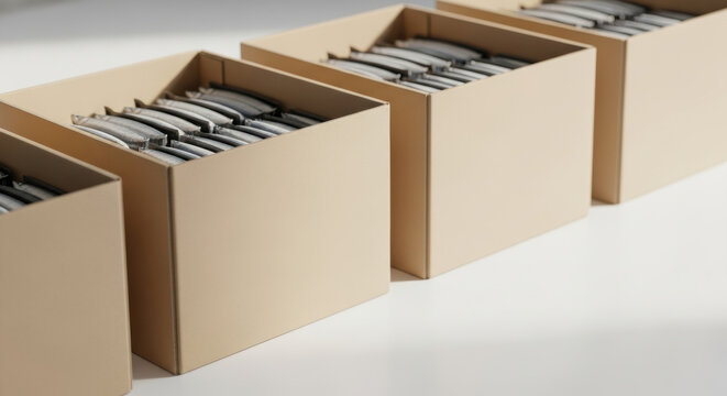 Organized cardboard boxes filled with archived files arranged in neat row on white office desk