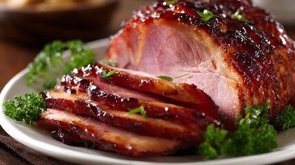 照り焼きグレーズが輝くジューシーなハムの盛り付け