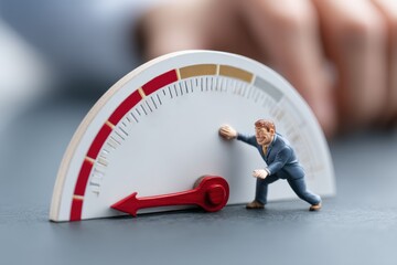 Illustration of interest rate gauge pointing downward with businessman smiling and holding a loan approval stamp – economic recovery, metaphorical visual.