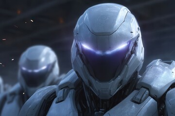 Fototapeta premium Futuristic robotic warrior displaying advanced technology features and atmospheric background suggesting innovation and resilience in the realm of artificial intelligence and mechanized design