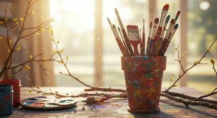 Colorful Paintbrushes in Decorated Pot with Palette on Table by Sunny Window