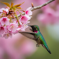 Fototapeta premium closeup of hummingbird on flower. Hummingbird feeding on pink blossoms. bird flying over flower.