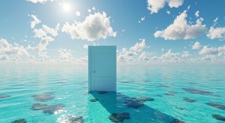 Naklejka premium Door Standing in Turquoise Ocean Under Sunny Sky with Clouds