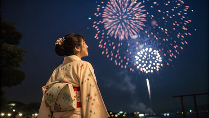 Wearing yukata and watching fireworks. Summer festival. Fireworks display. Night. Night view.