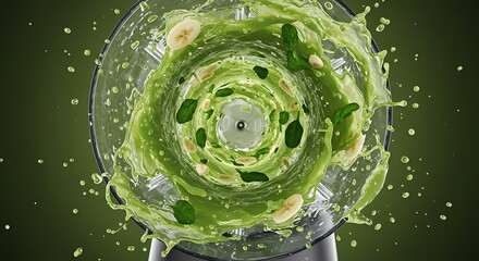 A stunning and energetic top-down view of a green smoothie being blended, captured in a dynamic high-speed shot.