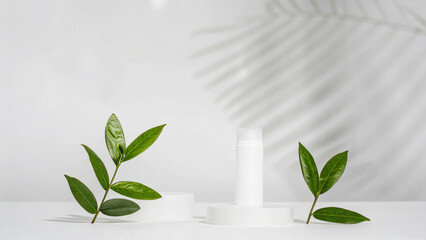 Natural Beauty Product Display with Green Leaves and Soft Lighting