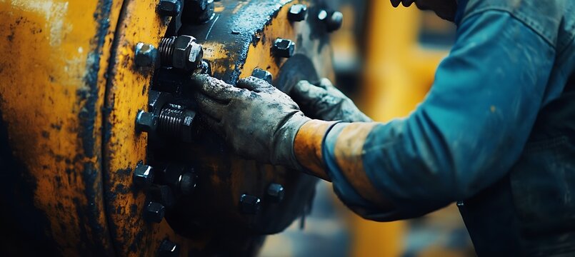 Worker Tightening Bolts on Industrial Machinery with Space Left for Copy or Branding