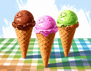 Three scoops of delicious ice cream, chocolate, strawberry, and mint, served in crispy waffle cones, sit on a checkered tablecloth.