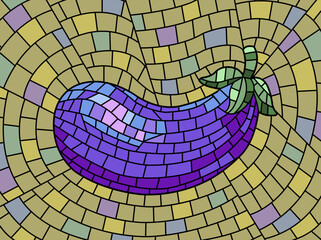 A bright mosaic artwork featuring a stylized eggplant. Vector illustration on the white background.