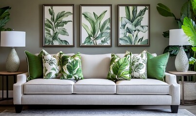 Stylish living room featuring a gray sofa adorned with green accent pillows, complemented by botanical wall art. Generative Ai