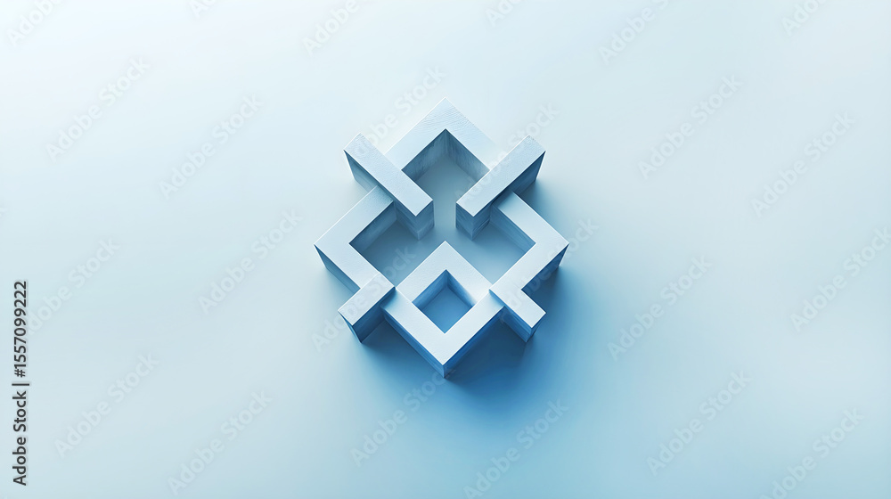Poster abstract geometric design featuring interlocking shapes in a minimalist style, rendered in soft blue