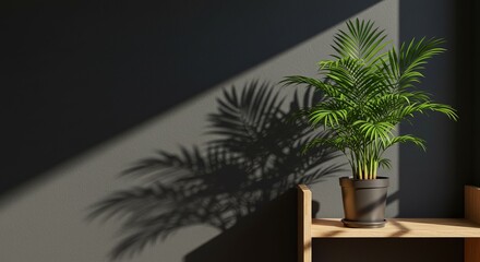 Green Palm Plant in Black Pot Standing on Wooden Shelf with Light and Shadow on Gray Wall