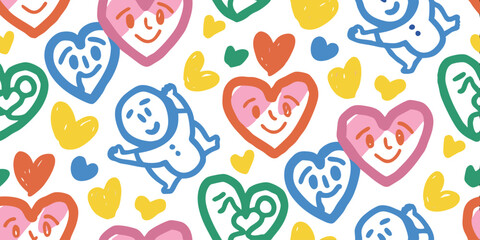 Colorful Heart Pattern: A vibrant, seamless pattern features a delightful arrangement of hearts and playful figures, each bursting with vivid colors and whimsical charm.