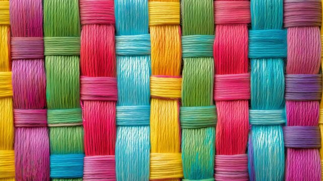 Brightly colored threads are carefully woven together to create a lively, intricate textile pattern with various hues and textures