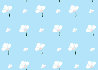 Flora seamless pattern, pretty ditsy print of hand drawn wild plants in delicate colors. Cute botanical sky blue background,Small pink, white flowers, leaves, simple bouquets. Vector illustration.
