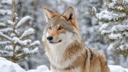 Obraz premium Portrait of a majestic wolf as snowflakes gently fall, its high fidelity features against the snowy forest backdrop in winter season.
