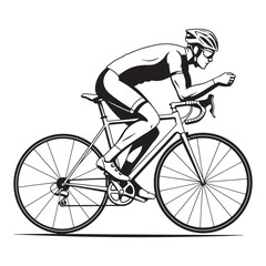 Naklejka premium Athletic cyclist racing on a road bike in a bold black and white illustration